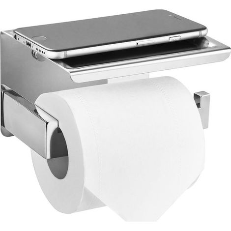Portarrollos de papel higiénico plateado - Con estante incorporado, acero inoxidable, no requiere taladrar (1/5)
