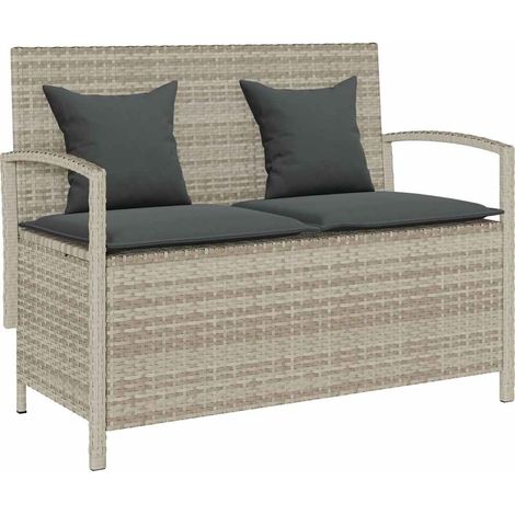Gartenbank mit Stauraum und Kissen Hellgrau Poly Rattan