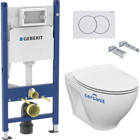 Pack WC Bati-support Geberit avec Cuvette Cersanit Dormo sans bride + Plaque blanche (DormoGeb3)