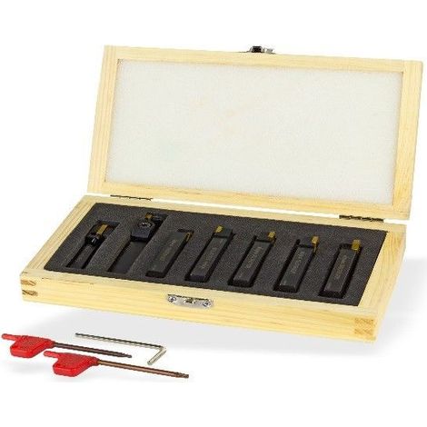 Dema – Outils au carbure pour tour à métaux – Lot de 7 pièces – Tige 8 x 10 mm – Coffret en bois pour transport sécurisé