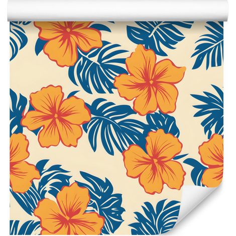 Papel pintado de hibisco tropical azul y crema para salón y dormitorio, 50x1000 cm. (1/5)