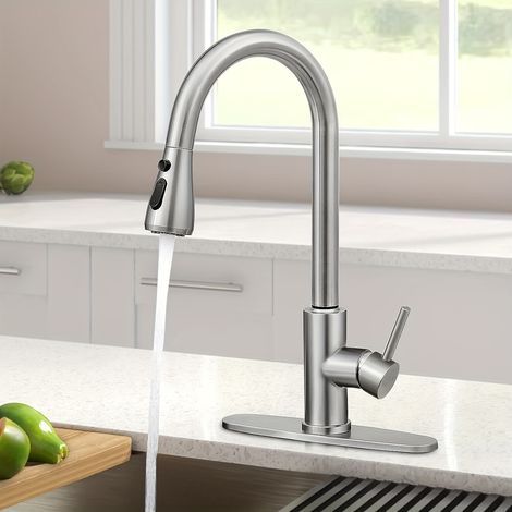 Kitchen tap, high arc single-lever mixer tap, sink tap, water supply hose included, brushed finish. (1/5)