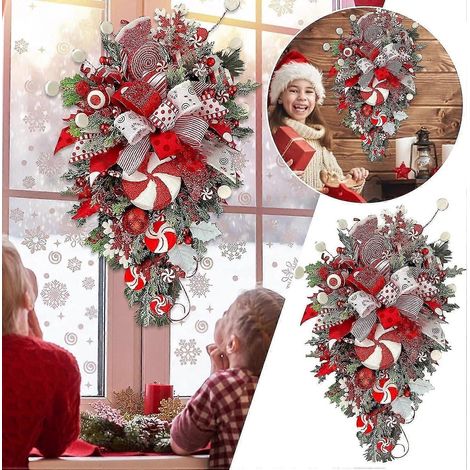 Corona navideña de bastones de caramelo para la puerta principal, guirnalda roja y blanca en forma de lágrima, adornos navideños para escaleras con forma de bastón de caramelo, corona navideña. (1/5)