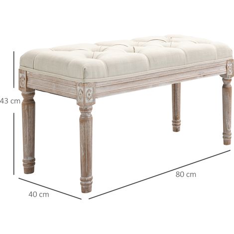 Ottoman capitonné en lin effet crème, banquette rembourrée avec repose-pieds intégré, piètement bois massif, assise moelleuse pour séjour ou chambre, fauteuil pouf élégant. (1/5)