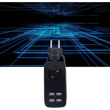 Multiprise 1200 W avec prises rondes (norme allemande), deux fiches rondes (norme européenne) et quatre ports USB. Câble d'alimentation inclus. Compatible smartphones et tablettes. Couleur : noir. (1/5)