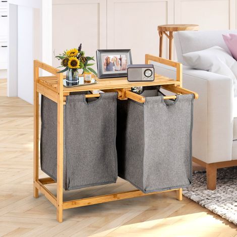 Panier à Linge sur Pied en Bambou 64 x 33 x 73 CM avec 2 Sacs à Linge Sale Poignées et Étagère Supérieure CW1226 Maison Chic (1/3)
