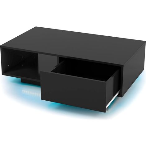 Tavolino centrale moderno ad alta lucentezza con scomparto aperto e cassetto, Tavolino basso con luci e telecomando Nero (1/4)