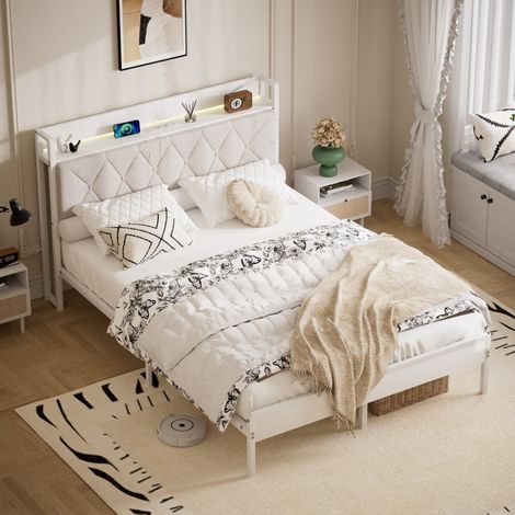 Letto imbottito 140x190 con stazione di ricarica, testiera LED trapuntata, bianco DESVIAE (1/5)