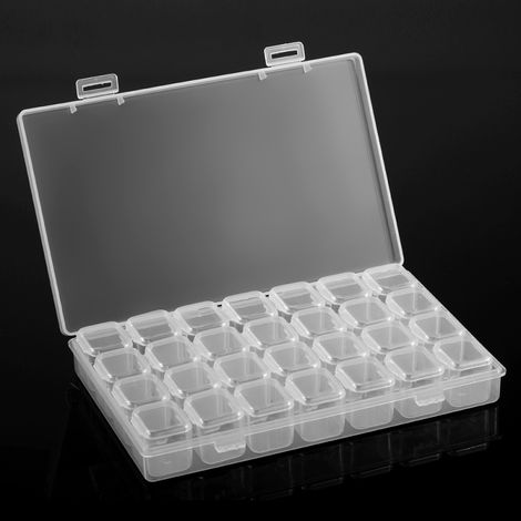 Caja de almacenamiento de plástico transparente con 28 compartimentos, ajustable e ideal para joyas, cuentas, anillos y pendientes.