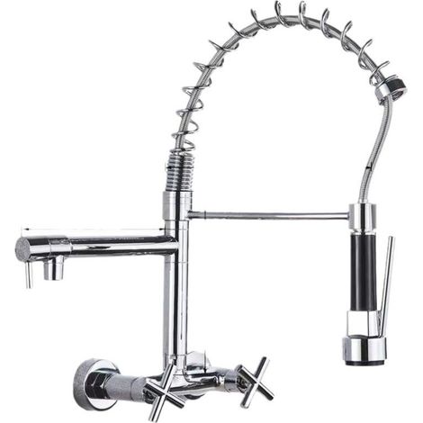 Concealed Wall Mounted Kitchen Faucet with Pull Down Spout, 360° Rotatable Sink Faucet with 3 Spray Modes Silver Plating (1/5)
