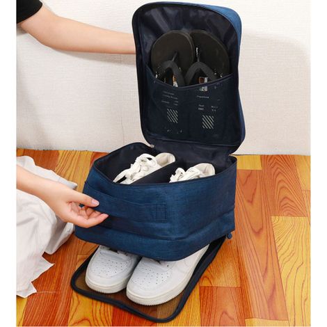 Boîte de rangement pour chaussures et sacs de camping de voyage, poignée à trois niveaux, sac à chaussures, insert de bagage, sac suspendu, sac à chaussures de football, bleu marine. (1/5)