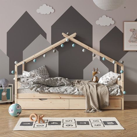 Cama en forma de casa Design, Marrón, 90x200 cm con cama de invitados y colchón, Vitalispa