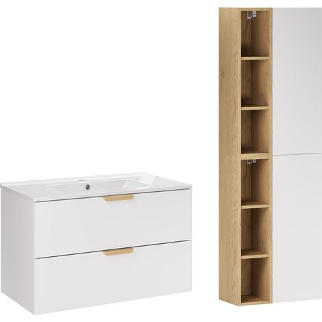 Ensemble meuble simple vasque encastrée 80cm et colonne Oria Blanc mat