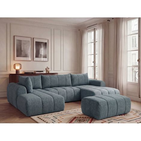 BOBOCHIC - Canapé panoramique fixe NESTY tissu chiné avec pouf Angle droit Bleu (1/5)