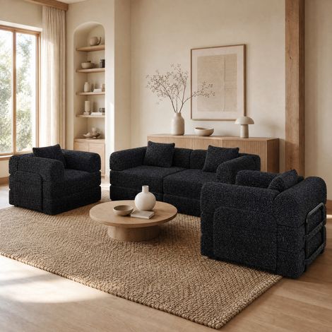 Sofá cama 2 en 1 de chenilla negro con almacenaje en el brazo y estructura de acero,148x49x114 cm (1/5)