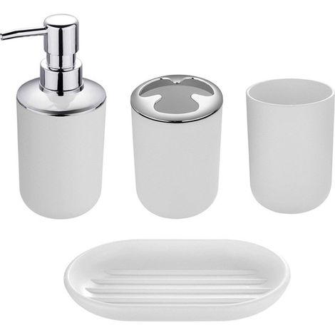 Vierteiliges SetSeifenspender, Tasse, Untertasse und Toilettenartikel. (Leere Flasche) (1/4)