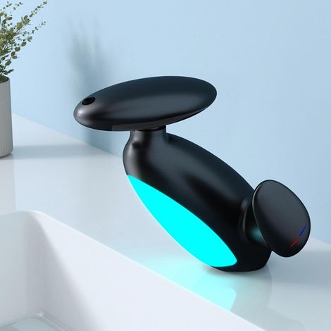 Robinet lavabo LED noir 1 trou, mitigeur cascade avec bec rotatif 360° et douchette 4 modes (1/5)