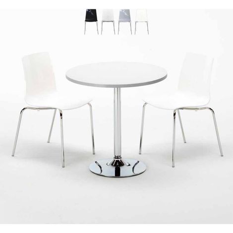 Table Ronde Blanche 70x70cm Avec 2 Chaises Colorées Et Transparentes Set Intérieur Bar Café Lollipop Silver - Blanc (1/5)