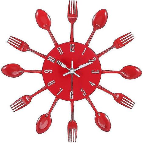 Horloge murale silencieuse en acier inoxydable avec couverts, couteau, fourchette et cuillère, pour la cuisine. (1/5)
