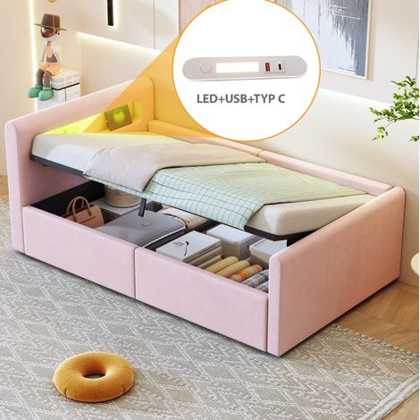 Kinderbett 90/200 cm rosa aus Samtstoff mit LED-Kopfteil und hydraulischem Stauraum (1/5)