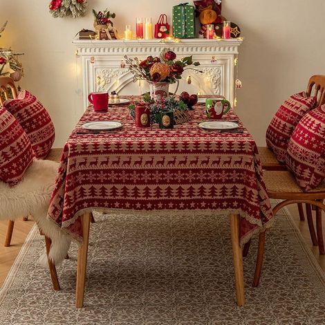 Nappe De Table De Noël - Rectangulaire - Imprimée Arbre De Noël - Polyester - 140 X 160 Cm - Pour Intérieur Et Extérieur - 1 Pièce (1/5)
