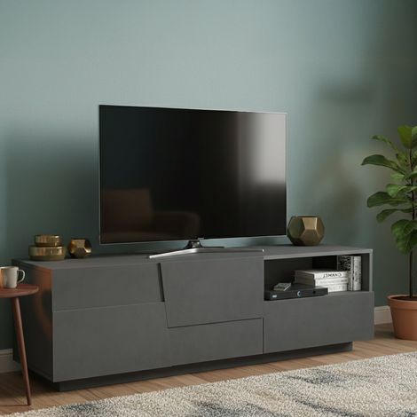 Dmora - TV-Ständer Velio, niedriges Wohnzimmer-Kommode mit 2 Türen und 1 Schublade, TV-Ständer-Basis, 150x44x46 cm, Anthrazit, mit verstärkter Verpackung (1/5)