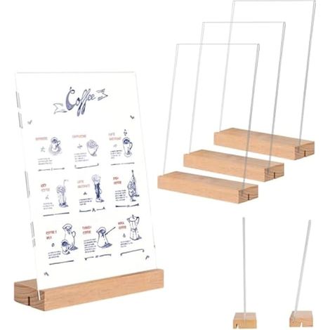 Lot de 6 Porte Affiche A6 Présentoir A6 Transparent Support Affiche Présentoirs de Table A-6 en Acrylique Porte Menu A-6 Supports D'affichage Transparents avec Base en Bois L&T (1/4)
