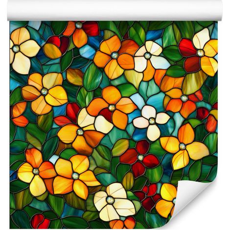 Papier peint à motifs floraux en vitrail, vert bouteille et or, 50 x 1000 cm (1/5)