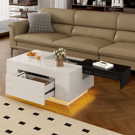 DESMIU Table basse LED avec tiroir et plateau coulissant pour salon 80 × 50 × 35,5 cm (1/5)