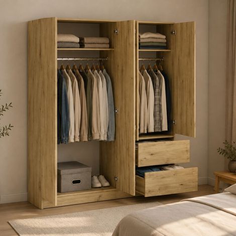 Guardarropa Grande Lesomiha, Armario Dormitorio 2 Estantes, Riel Ropa, 2 Cajones, 195x205h cm Roble Marrón Nudos (1/5)