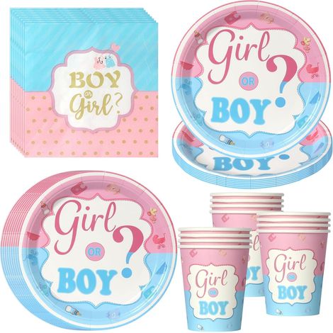 Vaisselle Jetable Révélation Genre - 52 Pièces - Papier Rose Et Bleu - Pour 16 Invités - Baby Shower (1/5)