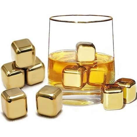 10 x pierres à whisky dorées en acier inoxydable glaçons en métal réutilisables pour whisky, vin, gin et boissons toniques (1/3)
