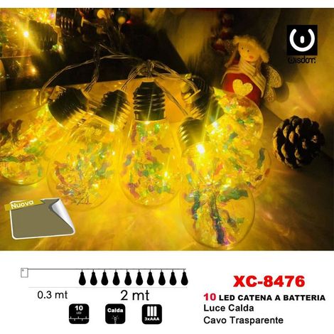 TRADE SHOP - Catena Luminosa Lampadine Bulbo 10led Batteria Luce Calda Cavo Traparente Xc-8476 -