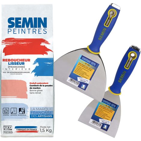 Enduit de rebouchage et lissage en poudre Reboucheur Semin - intérieur - Sac de 1,5 kg, un couteau à enduire multifonctions CE 78 - 10 cm et un couteau à enduire - 15 cm (1/5)
