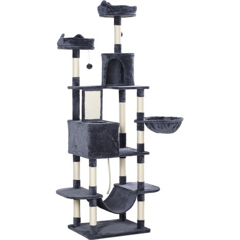 Kratzbaum 206 cm Katzenturm mit Höhle, 2 Spielballen, Sisalstämme, Plattform für große Katzen, Dunkelgrau