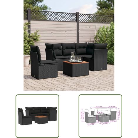 The Living Store Salon de jardin 6 pcs avec coussins noir résine tressée - Ensemble Salon De Jardin - Meuble De Jardin - Mobilier Extérieur - Salon De Jardin Design - Fauteuil De Jardin (1/3)