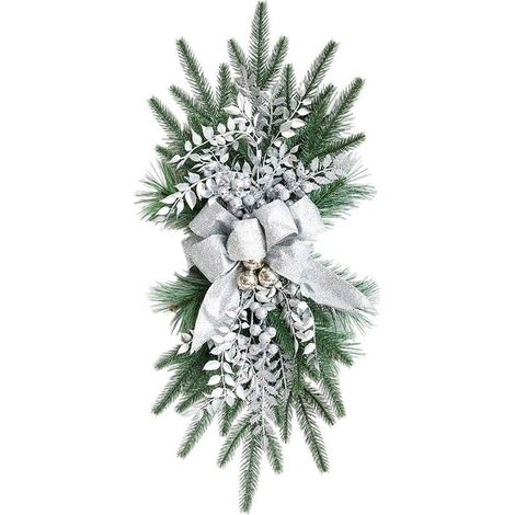 Couronne de Noël artificielle en forme de goutte de 55 cm, grand ruban imprimé, boules de Noël, rose, neige, branches givrées, couronne décorative d'escalier d'intérieur C (1/5)