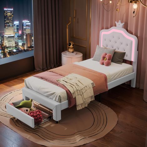 Polsterbett 90 x 200 cm, Mädchenbettgestell mit Schublade, Einzelbett mit LED-Beleuchtung, Lattenrost und Rückenlehne, PU (Beige, 90x200 cm)