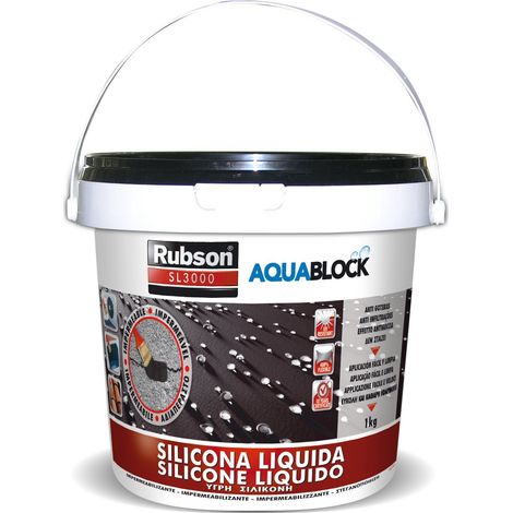 Rubson Aquablock Silicone Liquido SL3000, Facile e Sicuro da Usare, per Impermeabilizzazione e Riparazione di Tetti e Coperture Piani e Inclinati, Guaine, Fioriere, Nero, Secchio 1kg (1/5)