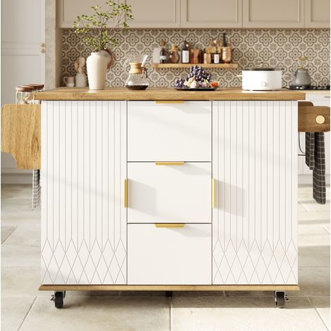 Carro de cocina 134x46/74x88 cm blanco en MDF y metal con encimera abatible, toma eléctrica y ruedas (1/5)