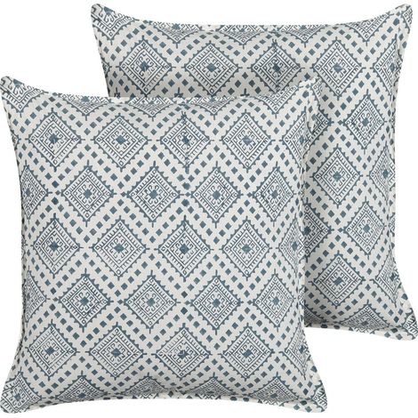 Set di 2 cuscini decorativi a mano orientale 45 x 45 cm blu e bianco Cordata (1/5)