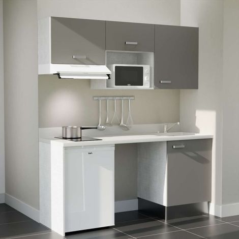 Kitchenette K55L - 180 cm - plan monobloc évier intégré Snova- évier à droite - Façades Gris + Electroménager inclus coloris Blanc