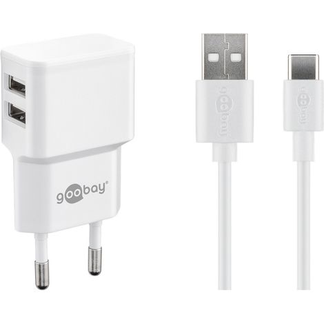 USB-C™-Dual-Ladeset (12 W), Netzteil mit 2x USB-Anschlüssen, USB-C™-Kabel, 1 m, weiß. (1/5)