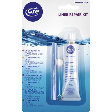 GRE – Kit de réparation liner piscine PVC souple – Colle transparente – Patchs et applicateur inclus – Appliqué sous l'eau (1/3)