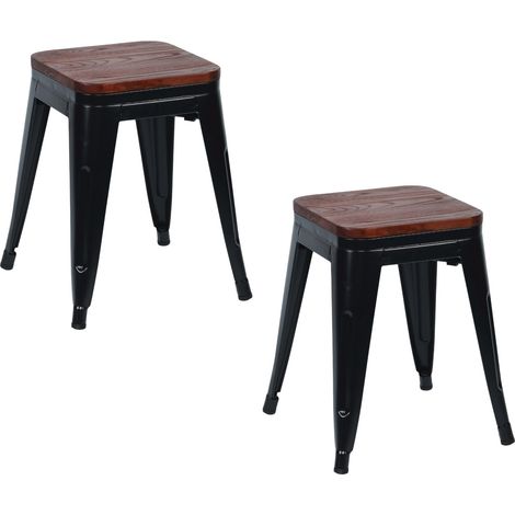 2er-Pack stapelbare, niedrige Industriehocker aus Stahl und Holz, 38 x 38 x 46 cm, Thinia Home