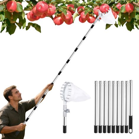 Cueille Fruit Télescopique 4,1 m, Acier Inoxydable Perche Télescopique Amovible, Outil Cueillette Jardin avec Tête Réglable Diamètre 16 cm et Sac en coton pour Cerises Pommes Poires Oranges Pêches (1/5)