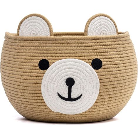 Panier de Rangement Enfant Forme Ours en Corde de Coton, Panier à Jouets Rond avec Poignées Cachées