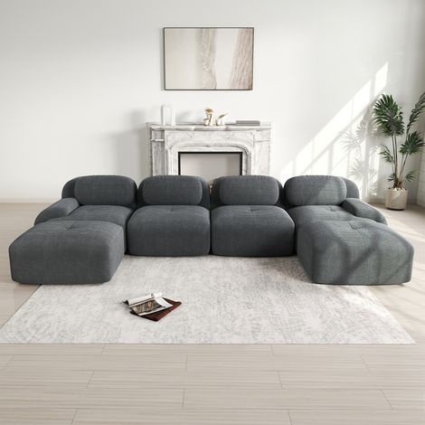 Divano panoramico a U 388x178x75 cm - Divano modulare in velluto a coste traspirante con braccioli larghi - Schiuma ad alta resilienza 32D - Grigio