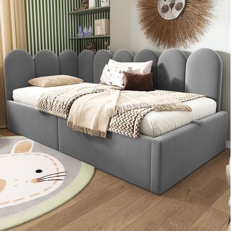 Cama diván moderna 90x190 cm tapizada en terciopelo gris con cabecero, arcón hidráulico y somier metálico (1/5)