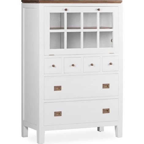 Commode haute provençale bois massif de mindi blanc et marron Kirest 90cm (1/5)